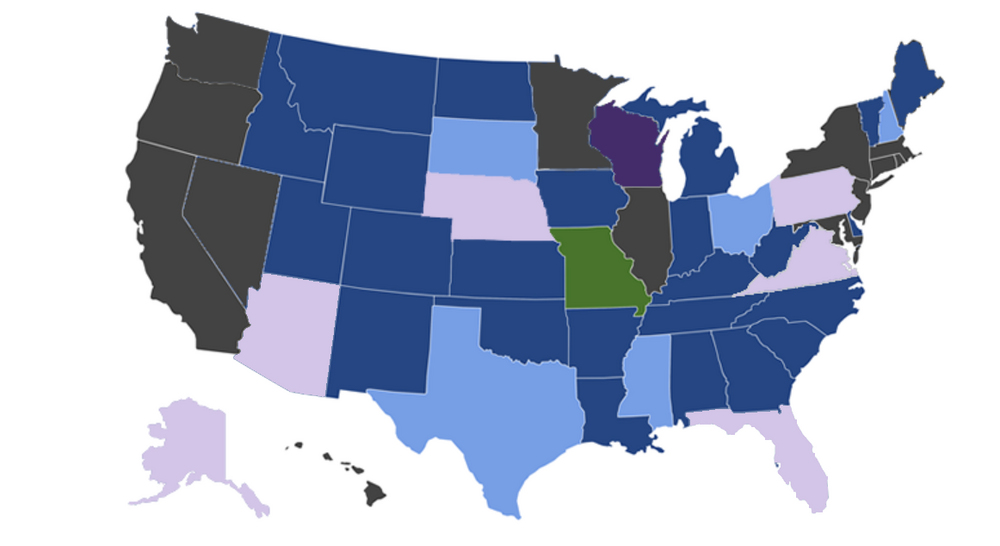 Map showing concealed carry reciprocity with Missouri as of 04/2025