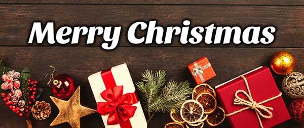 Merry Christmas in white letters with presents beneath the words.