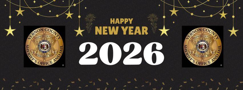 Black and Gold Modern New Year banner with Vernon County Sheriff's Office Badges, confetti and hanging star decorations